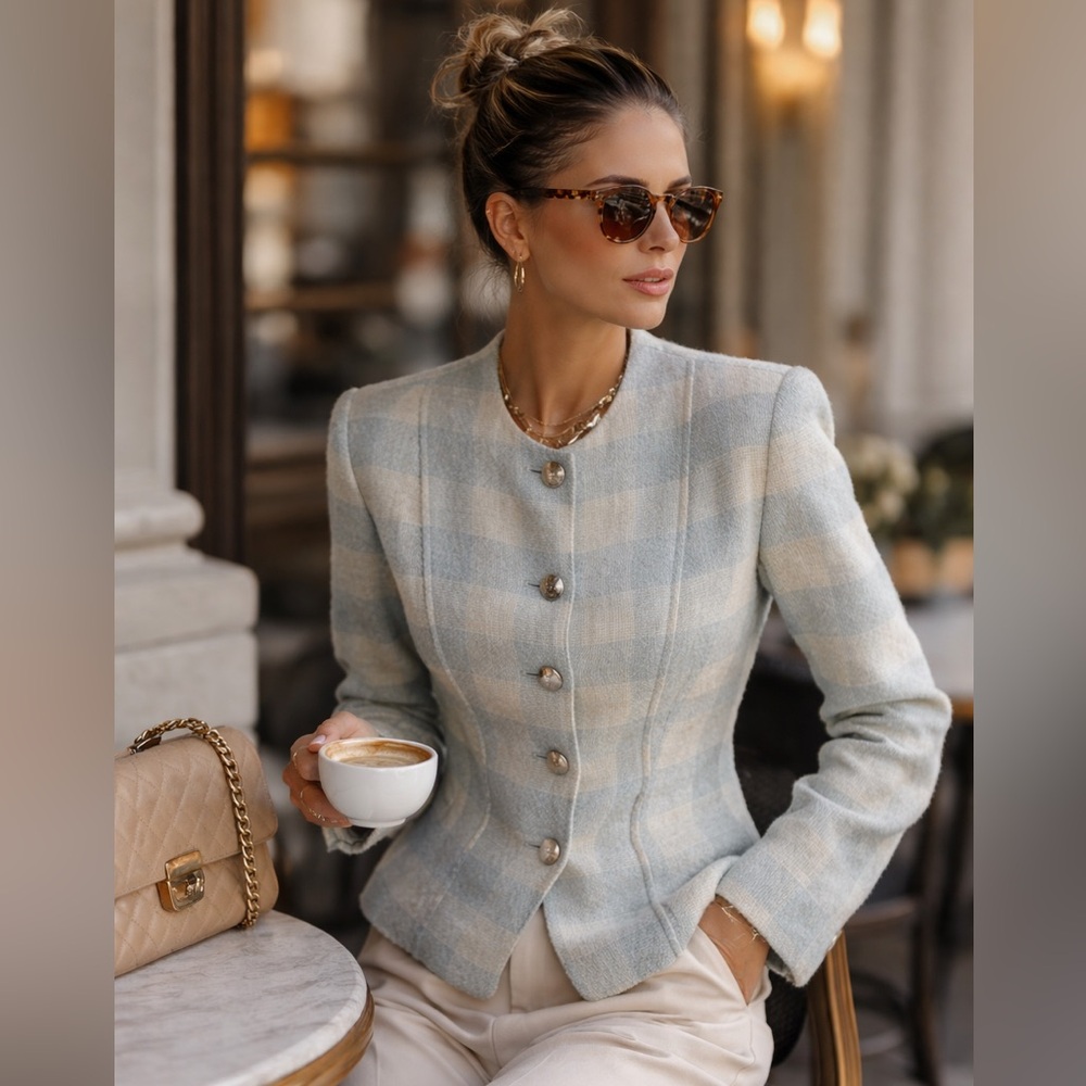 Vintage Blue and Cream Plaid Blazer